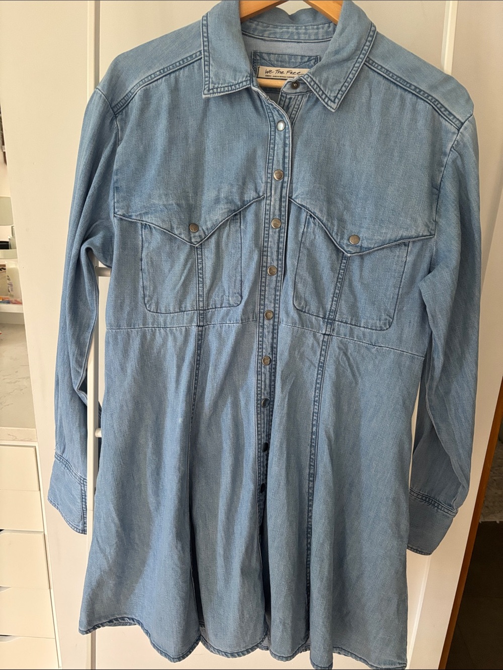 We The Free Light Blue Denim Button-Front Shirt Dress